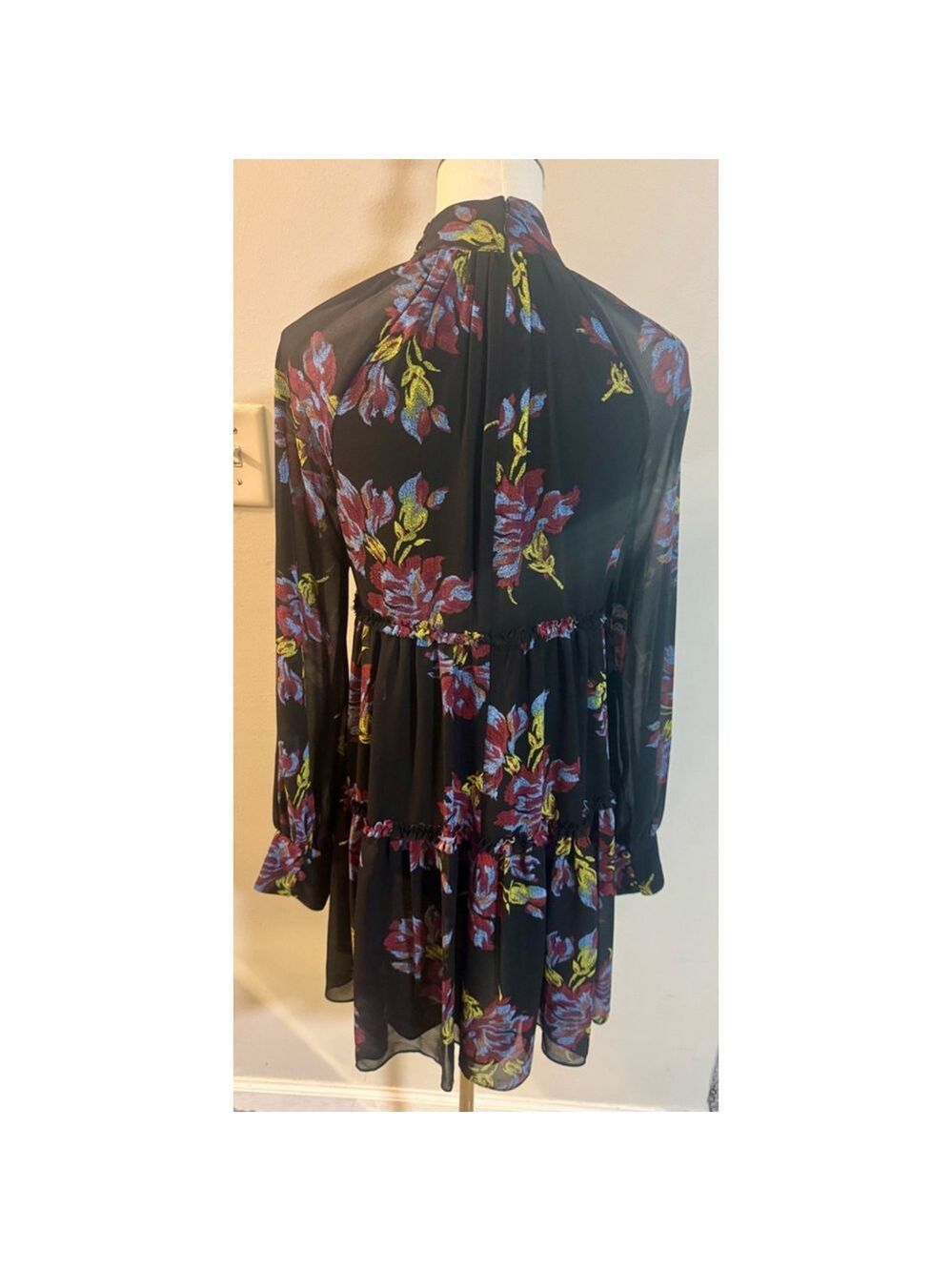 Cinq à Sept Revina Floral Print Mini Dress Black Size 0 Mock-neck Bow Key-hole - Picture 12 of 16